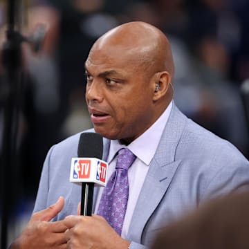 NBA TV analyst Charles Barkley talks on set before Game 3 of the NBA Finals between the Boston Celtics and the Dallas Mavericks at American Airlines Center in Dallas on June 12, 2024.