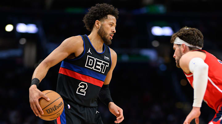 Mar 29, 2024; Washington, District of Columbia, USA; Detroit Pistons guard Cade Cunningham (2) brings the ball up court against Washington Wizards forward Corey Kispert (24) during the third quarter at Capital One Arena. Mandatory Credit: Reggie Hildred-Imagn Images