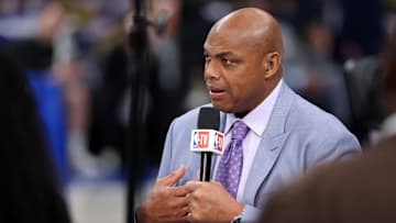 Jun 12, 2024; Dallas, Texas, USA; NBA TV analyst Charles Barkley talks on set before game three of the 2024 NBA Finals between the Boston Celtics and the Dallas Mavericks at American Airlines Center. Mandatory Credit: Kevin Jairaj-Imagn Images