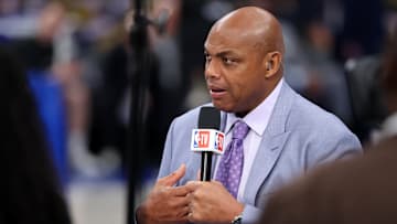Jun 12, 2024; Dallas, Texas, USA; NBA TV analyst Charles Barkley talks on set before game three of the 2024 NBA Finals between the Boston Celtics and the Dallas Mavericks at American Airlines Center. Mandatory Credit: Kevin Jairaj-Imagn Images