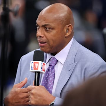 Jun 12, 2024; Dallas, Texas, USA; NBA TV analyst Charles Barkley talks on set before game three of the 2024 NBA Finals between the Boston Celtics and the Dallas Mavericks at American Airlines Center. Mandatory Credit: Kevin Jairaj-Imagn Images