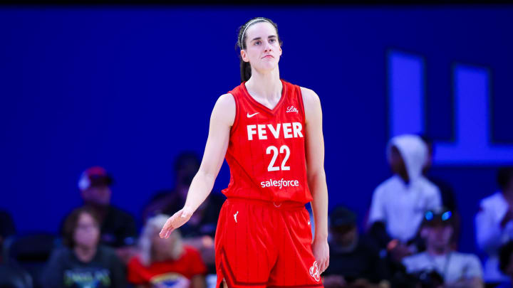 Jul 17, 2024; Arlington, Texas, USA;  Indiana Fever guard Caitlin Clark (22) reacts during the second half against the Dallas Wings at College Park Center. Mandatory Credit: Kevin Jairaj-USA TODAY Sports