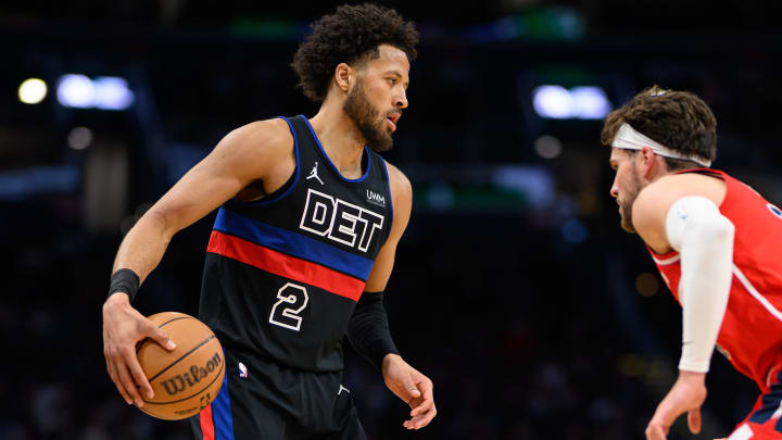 Mar 29, 2024; Washington, District of Columbia, USA; Detroit Pistons guard Cade Cunningham (2) brings the ball up court against Washington Wizards forward Corey Kispert (24) during the third quarter at Capital One Arena. Mandatory Credit: Reggie Hildred-USA TODAY Sports