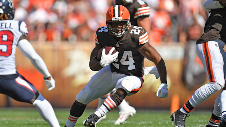 Former Cleveland Brown Nick Chubb during the injury-ending 2023 season versus the Houston Texans.