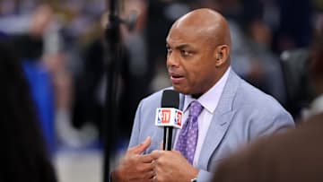 Jun 12, 2024; Dallas, Texas, USA; NBA TV analyst Charles Barkley talks on set before game three of the 2024 NBA Finals between the Boston Celtics and the Dallas Mavericks at American Airlines Center. Mandatory Credit: Kevin Jairaj-Imagn Images