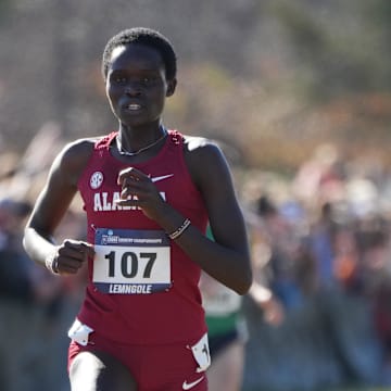 Nov 18, 2023; Charlottesville, VA, USA; Doris Lemngole of Alabama places second in the women's race in 19:05.7 during the NCAA cross country championships at Panorama Farms. Mandatory Credit: Kirby Lee-Imagn Images