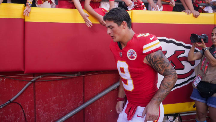 Aug 17, 2024; Kansas City, Missouri, USA; Kansas City Chiefs running back Louis Rees-Zammit (9) greets fans against the Detroit Lions during the game at GEHA Field at Arrowhead Stadium. Mandatory Credit: Denny Medley-USA TODAY Sports