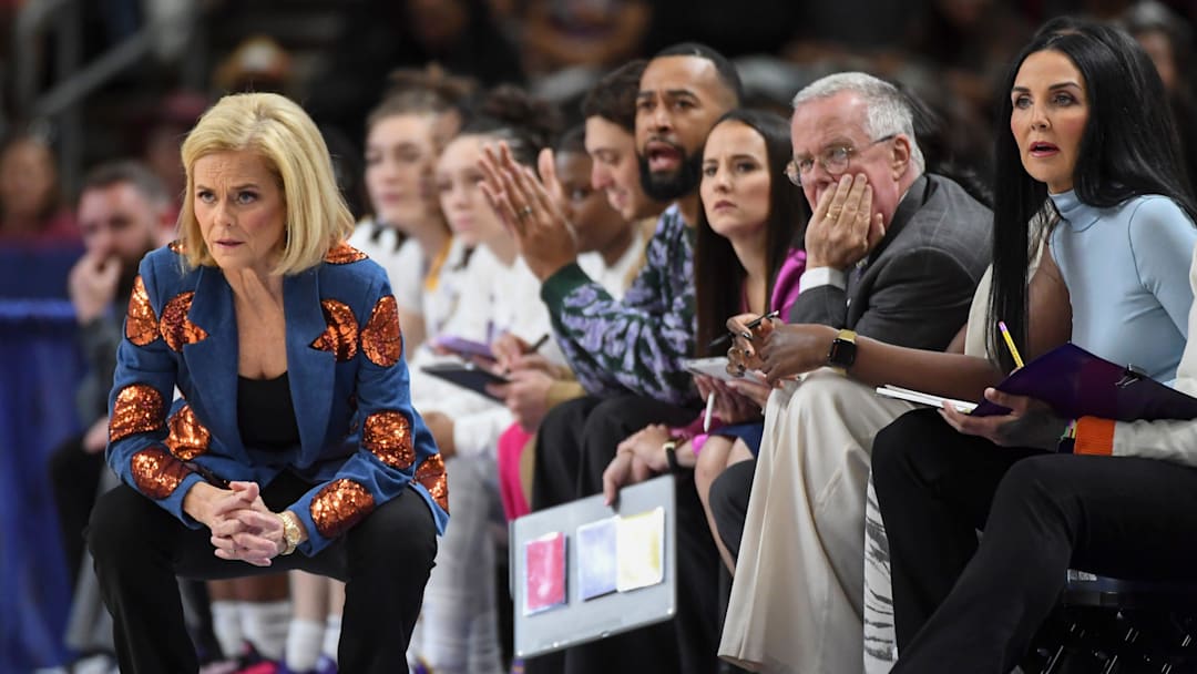 Louisiana State Tigers head coach Kim Mulkey looks down court Friday, March 6, 2026, during the SEC Women's Basketball Tournament quarterfinals game against the Oklahoma Sooners at Bon Secours Wellness Arena in Greenville, South Carolina.