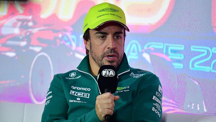 Nov 15, 2023; Las Vegas, Nevada, USA; Aston Martin driver Fernando Alonso of Spain speaks during media availabilities at Las Vegas Strip Circuit. Mandatory Credit: Gary A. Vasquez-Imagn Images