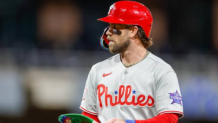 May 26, 2026; San Diego, California, USA; Philadelphia Phillies first baseman Bryce Harper (3) walks to first base after drawing a walk during the eighth inning against the San Diego Padres at Petco Park. Mandatory Credit: David Frerker-Imagn Images