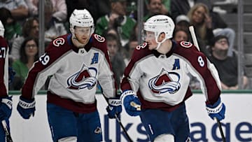 May 15, 2024; Dallas, Texas, USA; Colorado Avalanche center Nathan MacKinnon (29) and defenseman Cale Makar (8) skate off the ice after Makar scores a power play goal against the Dallas Stars during the second period in game five of the second round of the 2024 Stanley Cup Playoffs at American Airlines Center. Mandatory Credit: Jerome Miron-Imagn Images