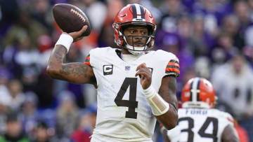 Nov 12, 2023; Baltimore, Maryland, USA; Cleveland Browns quarterback Deshaun Watson (4) passes against the Baltimore Ravens during the second half at M&T Bank Stadium