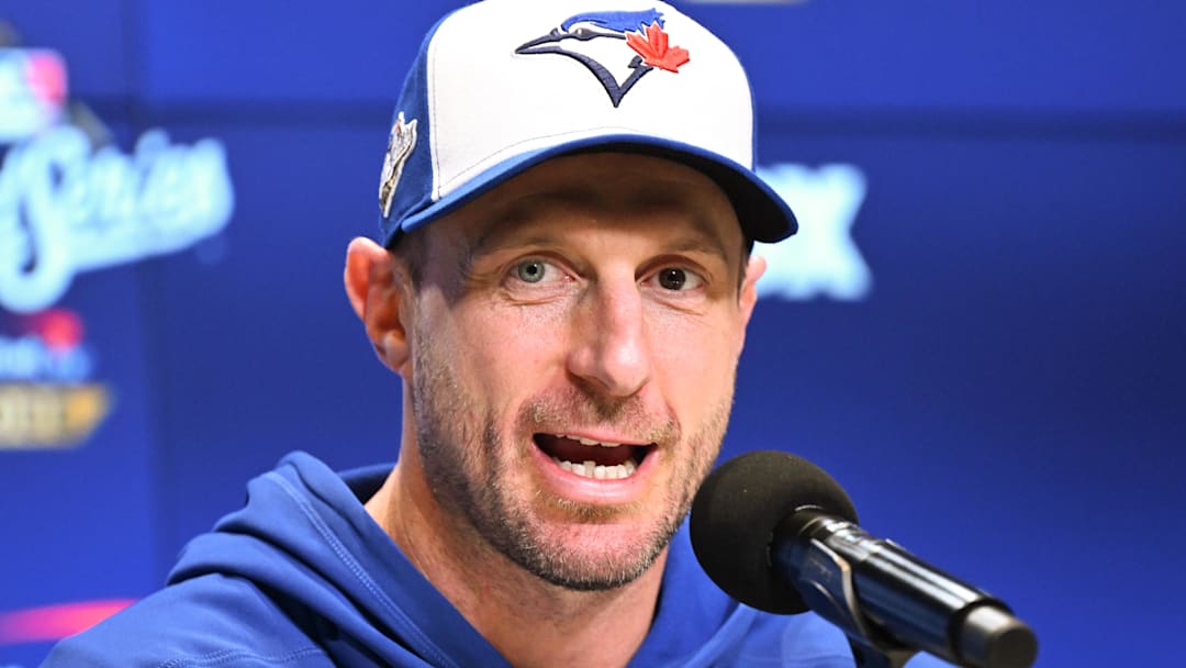 Oct 25, 2025; Toronto, Ontario, CAN; Toronto Blue Jays pitcher Max Scherzer (31) speaks to the media prior to game two of the 2025 MLB World Series against the Los Angeles Dodgers at Rogers Centre. 