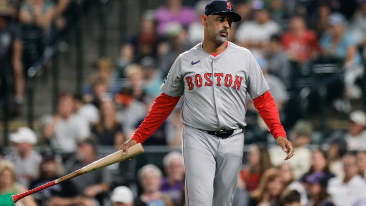 Jul 22, 2024; Denver, Colorado, USA; Boston Red Sox manager Alex Cora (13) in the eleventh inning against the Colorado Rockies at Coors Field. Mandatory Credit: Isaiah J. Downing-USA TODAY Sports