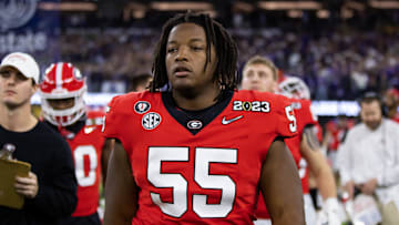 Jan 9, 2023; Inglewood, CA, USA; Georgia Bulldogs offensive lineman Jared Wilson (55) against the TCU Horned Frogs during the CFP national championship game at SoFi Stadium. Mandatory Credit: Mark J. Rebilas-Imagn Images