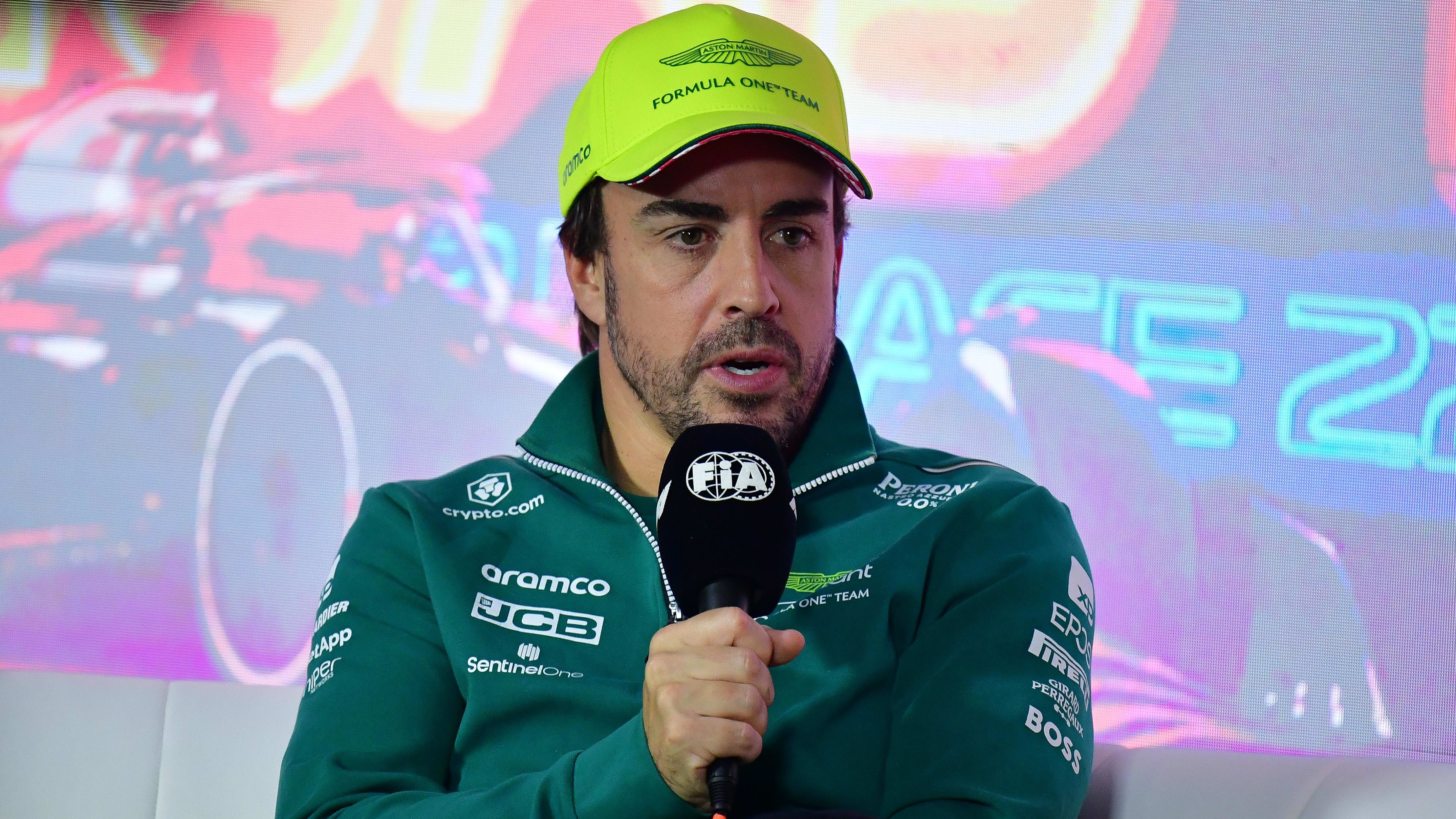 Nov 15, 2023; Las Vegas, Nevada, USA; Aston Martin driver Fernando Alonso of Spain speaks during