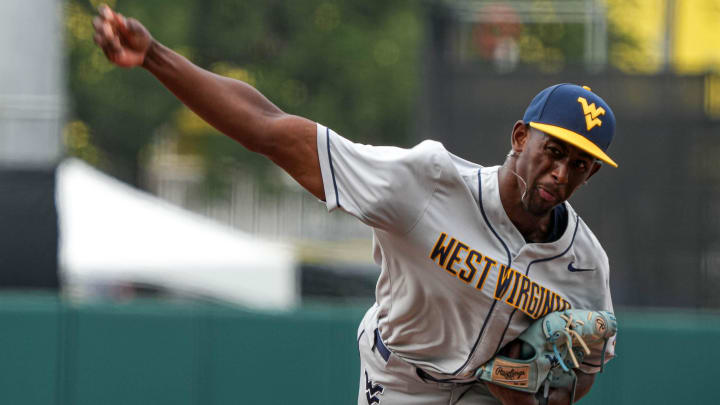 West Virginia pitcher Carlson Reed (17) throws a pitch against the Texas Longhorns at UFCU Disch-Falk Field on Saturday, May 20, 2023 in Austin.