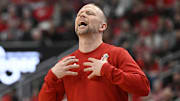 Mar 5, 2025; Louisville, Kentucky, USA;  Louisville Cardinals head coach Pat Kelsey calls out instructions during the first half against the California Golden Bears at KFC Yum! Center. Mandatory Credit: Jamie Rhodes-Imagn Images