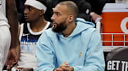 Minnesota Timberwolves center Rudy Gobert watches his team as they play the Oklahoma City Thunder in the second quarter at Target Center in Minneapolis on Feb. 13, 2025.