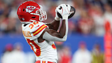 Kansas City Chiefs cornerback Christian Roland-Wallace (30) intercepts a pass against the New York Giants in the second quarter at MetLife Stadium.