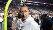 Dec 21, 2024; Austin, Texas, USA; Texas Longhorns head coach Steve Sarkisian against the Clemson Tigers during the CFP National playoff first round at Darrell K Royal-Texas Memorial Stadium. Mandatory Credit: Mark J. Rebilas-Imagn Images