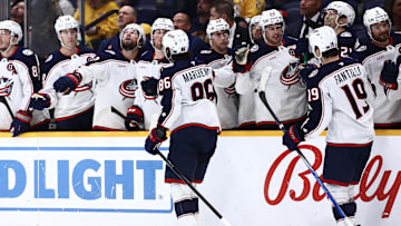 The Blue Jackets celebrate a goal in Nashville last season. 