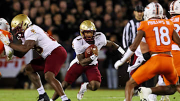 Oct 17, 2024; Blacksburg, Virginia, USA; Boston College Eagles quarterback Thomas Castellanos (1) runs the ball during the first quarter against the Virginia Tech Hokies at Lane Stadium. Mandatory Credit: Peter Casey-Imagn Images