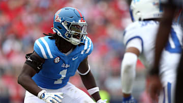 Sep 28, 2024; Oxford, Mississippi, USA; Mississippi Rebels defensive linemen Princely Umanmielen (1) lines up before the snap during the second half  against the Kentucky Wildcats at Vaught-Hemingway Stadium. Mandatory Credit: Petre Thomas-Imagn Images