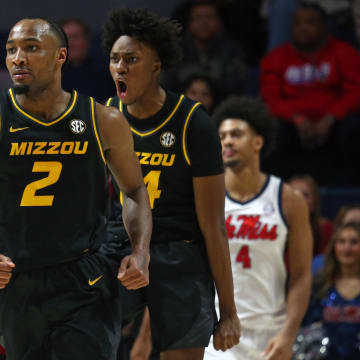 Feb 17, 2024; Oxford, Mississippi, USA; Missouri Tigers guard Tamar Bates (2) and guard Anthony Robinson II (14) react during the second half against the Mississippi Rebels at The Sandy and John Black Pavilion at Ole Miss. Mandatory Credit: Petre Thomas-USA TODAY Sports
