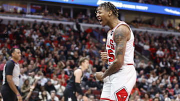 Feb 13, 2023; Chicago, Illinois, USA; Chicago Bulls forward Dalen Terry (25) reacts during the second half at United Center. Mandatory Credit: Kamil Krzaczynski-Imagn Images