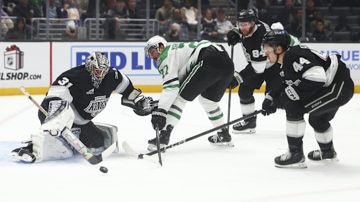 Dec 4, 2024; Los Angeles, California, USA; Los Angeles Kings goaltender David Rittich (31) makes a save against Dallas Stars left wing Mason Marchment (27) during the third period of a hockey game at Crypto.com Arena. Mandatory Credit: Jessica Alcheh-Imagn Images