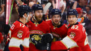 Florida Panthers center Sam Bennett celebrates with center Evan Rodrigues right wing Vladimir Tarasenko and defenseman Gustav Forsling after scoring in Game 4 of the Eastern Conference Final.