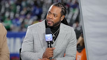 Oct 9, 2025; East Rutherford, New Jersey, USA; Richard Sherman is seen on the Thursday Night Football set before the game between the New York Giants and the Philadelphia Eagles at MetLife Stadium. Mandatory Credit: Brad Penner-Imagn Images