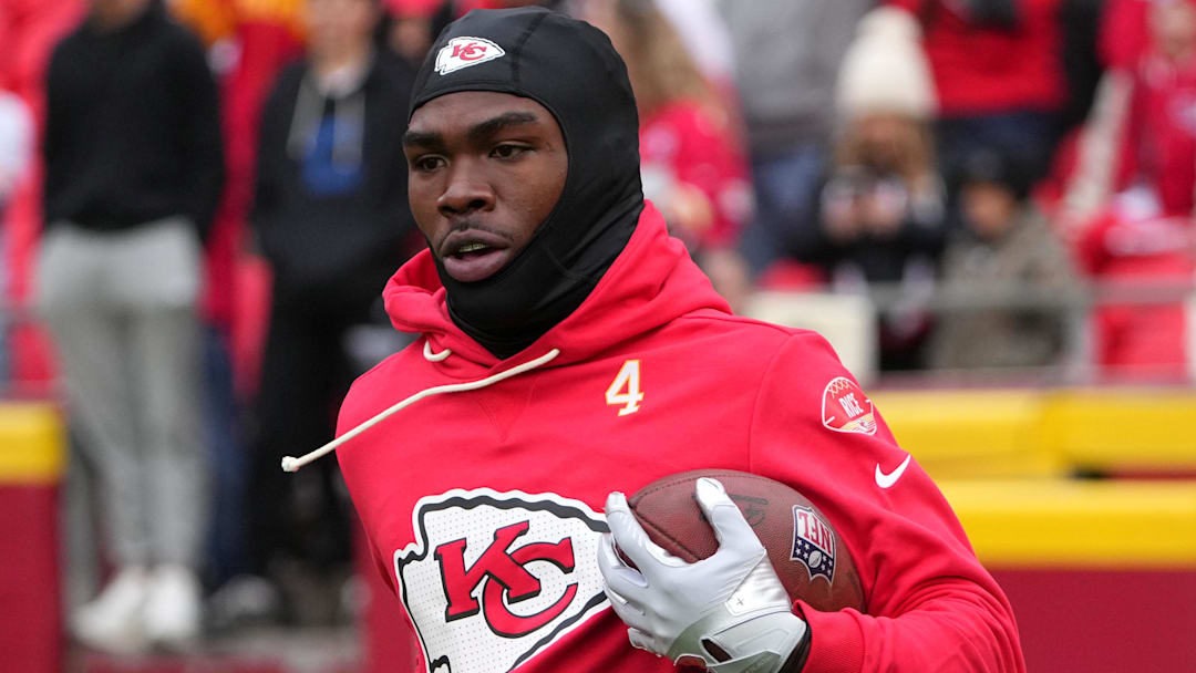 Nov 23, 2025; Kansas City, Missouri, USA; Kansas City Chiefs wide receiver Rashee Rice (4) warms up before the game against the Indianapolis Colts at GEHA Field at Arrowhead Stadium. Nov 23, 2025; Kansas City, Missouri, USA; Kansas City Chiefs wide receiver Rashee Rice (4) warms up before the game against the Indianapolis Colts at GEHA Field at Arrowhead Stadium.