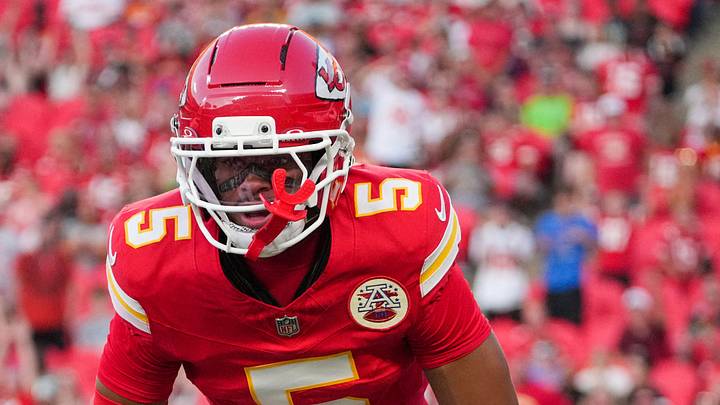 Aug 28, 2026; Kansas City, Missouri, USA; Kansas City Chiefs cornerback Mansoor Delane (5) celebrates with defensive end George Karlaftis (56) after a play against the Seattle Seahawks during the first half of the game at Arrowhead Stadium. Mandatory Credit: Denny Medley-Imagn Images