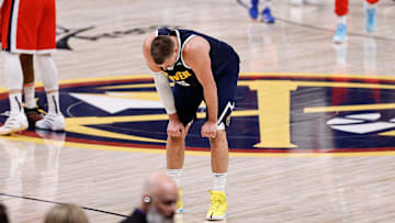 Apr 21, 2025; Denver, Colorado, USA; Denver Nuggets center Nikola Jokic (15) reacts after the game against the Los Angeles Clippers during game two of first round for the 2025 NBA Playoffs at Ball Arena. Mandatory Credit: Isaiah J. Downing-Imagn Images