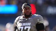 Nov 16, 2024; Boulder, Colorado, USA; Colorado Buffaloes offensive tackle Jordan Seaton (77) looks on before the game against the Utah Utes at Folsom Field. Mandatory Credit: Ron Chenoy-Imagn Images