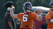 Jul 30, 2023; Tampa, FL, USA; Tampa Bay Buccaneers quarterback Baker Mayfield (6) works out during training camp at AdventHealth Training Center. Mandatory Credit: Kim Klement-USA TODAY Sports