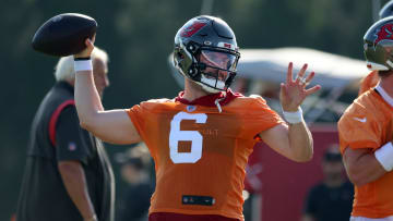 Jul 30, 2023; Tampa, FL, USA; Tampa Bay Buccaneers quarterback Baker Mayfield (6) works out during training camp at AdventHealth Training Center. Mandatory Credit: Kim Klement-USA TODAY Sports