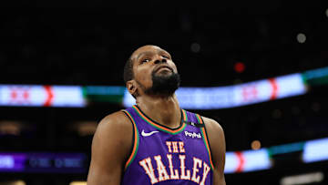 Mar 14, 2025; Phoenix, Arizona, USA; Phoenix Suns forward Kevin Durant (35) reacts against the Sacramento Kings at Footprint Center. Mandatory Credit: Mark J. Rebilas-Imagn Images