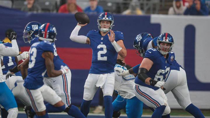 Aug 8, 2024; East Rutherford, New Jersey, USA; New York Giants quarterback Drew Lock (2) throws the ball during the first half against the Detroit Lions at MetLife Stadium.  