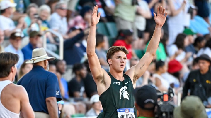 Jun 22, 2024; Eugene, OR, USA; Heath Baldwin wins the mens decathlon and a trip to Paris during the US Olympic Track and Field Team Trials. Mandatory Credit: Craig Strobeck-USA TODAY Sports