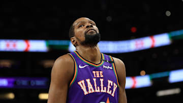 Mar 14, 2025; Phoenix, Arizona, USA; Phoenix Suns forward Kevin Durant (35) reacts against the Sacramento Kings at Footprint Center. Mandatory Credit: Mark J. Rebilas-Imagn Images