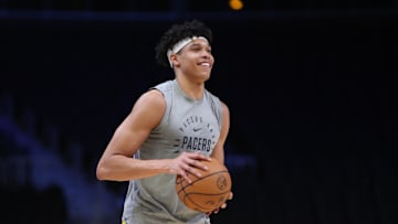 Mar 8, 2025; Atlanta, Georgia, USA; Indiana Pacers forward Enrique Freeman (8) warms up on the court before the game against the Atlanta Hawks at State Farm Arena. Mandatory Credit: Mady Mertens-Imagn Images