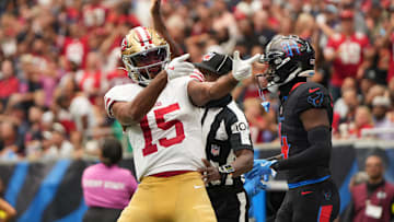 Oct 26, 2025; Houston, Texas, USA; San Francisco 49ers wide receiver Jauan Jennings (15) reacts during the second half against the Houston Texans at NRG Stadium. Mandatory Credit: Sean Thomas-Imagn Images
