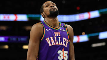 Mar 14, 2025; Phoenix, Arizona, USA; Phoenix Suns forward Kevin Durant (35) reacts against the Sacramento Kings at Footprint Center. Mandatory Credit: Mark J. Rebilas-Imagn Images