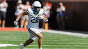Sep 27, 2025; Stillwater, Oklahoma, USA; Baylor Bears running back Caden Knighten (22) runs the ball during the first half against the Oklahoma State Cowboys at Boone Pickens Stadium. Mandatory Credit: William Purnell-Imagn Images