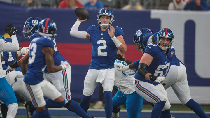 Aug 8, 2024; East Rutherford, New Jersey, USA; New York Giants quarterback Drew Lock (2) throws the ball during the first half against the Detroit Lions at MetLife Stadium. Mandatory Credit: Vincent Carchietta-USA TODAY Sports