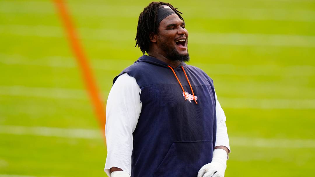 Aug 3, 2026; Englewood, CO, USA; Denver Broncos defensive tackle Malcolm Roach (97) reacts before the start of training camp at Broncos Park. Aug 3, 2026; Englewood, CO, USA; Denver Broncos defensive tackle Malcolm Roach (97) reacts before the start of training camp at Broncos Park.