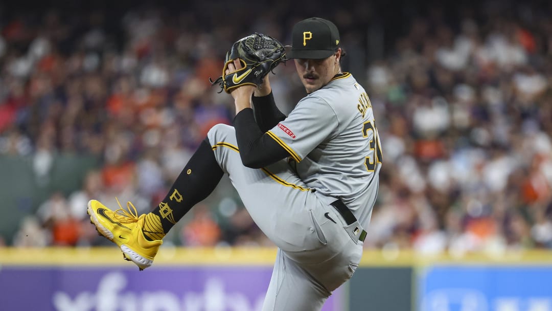 Jul 29, 2024; Houston, Texas, USA; Pittsburgh Pirates starting pitcher Paul Skenes (30) delivers a pitch during the second inning against the Houston Astros at Minute Maid Park. Mandatory Credit: Troy Taormina-USA TODAY Sports